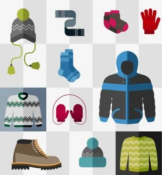 Set of flat winter clothes and accessories Stock Illustration