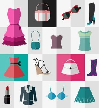 Set of flat womens clothes and accessories Stock Illustration