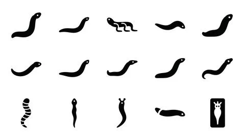 Set of flat worm and planaria icons isolated on white background. Illustrazione stock
