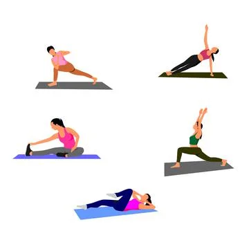 Set of flat yoga exercise design vector illustration. woman practice workout in  Stock Illustration