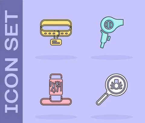 Set Flea search, Collar with name tag, Cat scratching post and Hair dryer icon Stock-Illustration
