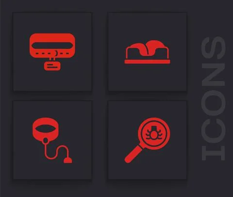 Set Flea search, Collar with name tag, Pet bed and Retractable cord leash icon Stock Illustration