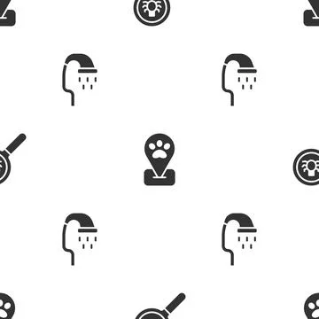 Set Flea search, Location pet grooming and Pet shower on seamless pattern Stock-Illustration