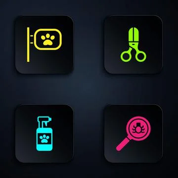 Set Flea search, Pet grooming, shampoo and Scissors hairdresser. Black square Stock Illustration