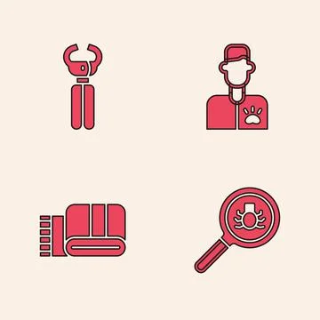 Set Flea search, Pet nail clippers, Veterinarian doctor and Towel stack icon 스톡 일러스트