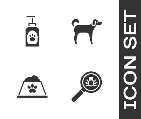 Set Flea search, Pet shampoo, food bowl and Dog icon. Vector Stock-Illustration