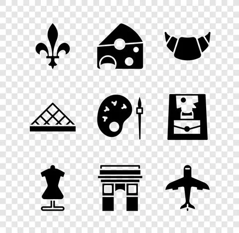 Set Fleur De Lys, Cheese, Croissant, Mannequin, Triumphal Arch, Plane, Louvre Illustrazione stock