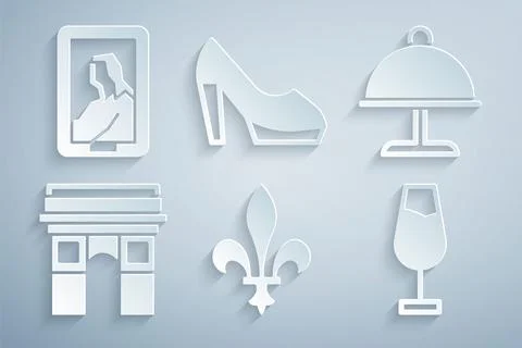 Set Fleur De Lys, Covered with tray, Triumphal Arch, Wine glass, Woman shoe and Illustrazione stock