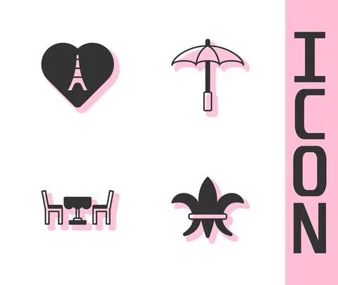 Set Fleur De Lys, Eiffel tower with heart, French cafe and Umbrella for beach 스톡 일러스트