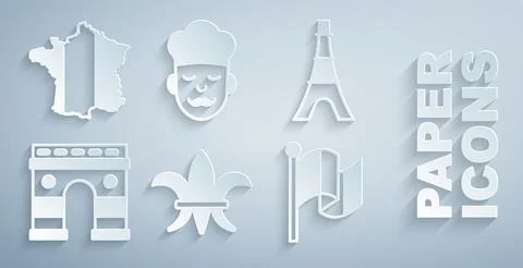 Set Fleur De Lys, Eiffel tower, Triumphal Arch, Flag France, Cook and Map of 스톡 일러스트