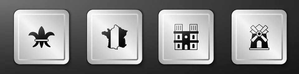 Set Fleur De Lys, Map of France, Notre Dame de Paris and Windmill icon. Silver Stock Illustration