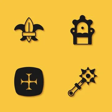 Set Fleur de lys or lily flower, Mace with spikes, Crusade and Medieval throne Illustration