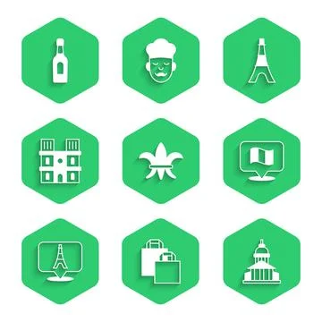 Set Fleur De Lys, Paper shopping bag, Museum building, Flag France, Eiffel tower Stock-Illustration