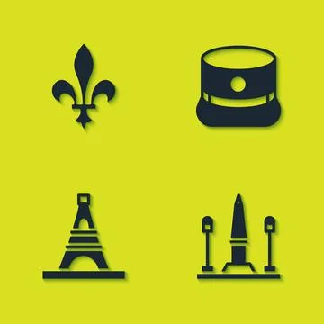 Set Fleur De Lys, Place La Concorde, Eiffel tower and Kepi icon. Vector イラスト素材