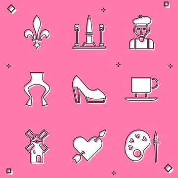 Set Fleur De Lys, Place La Concorde, French man, Frog legs, Woman shoe, Coffee 스톡 일러스트