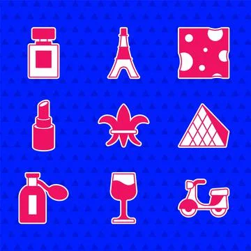 Set Fleur De Lys, Wine glass, Scooter, Louvre pyramid, Perfume, Lipstick, Cheese Stock-Illustration