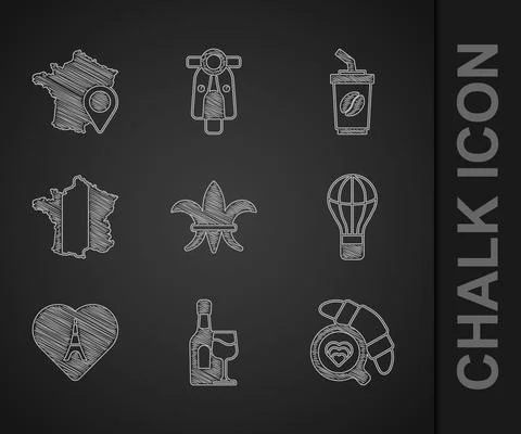 Set Fleur De Lys, Wine bottle with glass, Coffee cup croissant, Hot air balloon Stock-Illustration