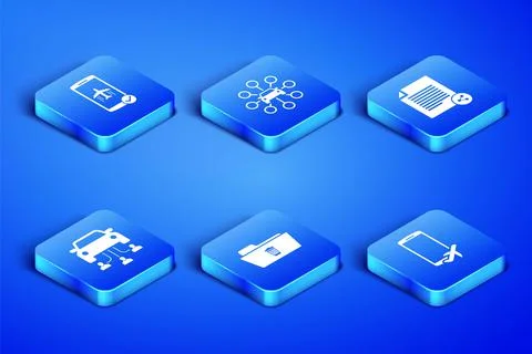 Set Flight mode in the mobile, , Delete folder, Car sharing, and Share file icon Stock Illustration