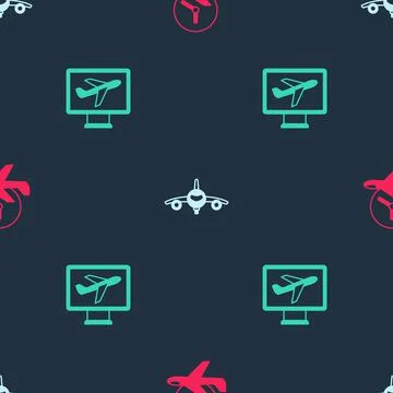 Set Flight time, Plane and on seamless pattern. Vector Illustrazione stock