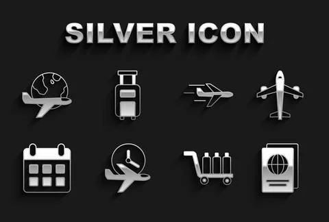 Set Flight time, Plane, Passport, Trolley baggage, Calendar and airplane, Globe Illustration