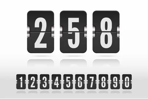 Set of flip floating numbers on a mechanical scoreboard with reflection. Vector Stock Illustration