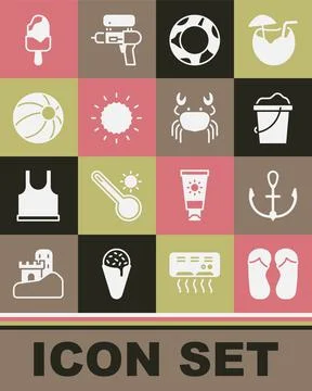 Set Flip flops, Anchor, Sand in bucket, Rubber swimming ring, Sun, Beach ball Stock-Illustration