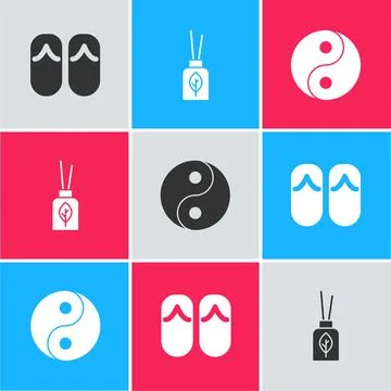 Set Flip flops, Aroma diffuser and Yin Yang icon. Vector Stockillustratie