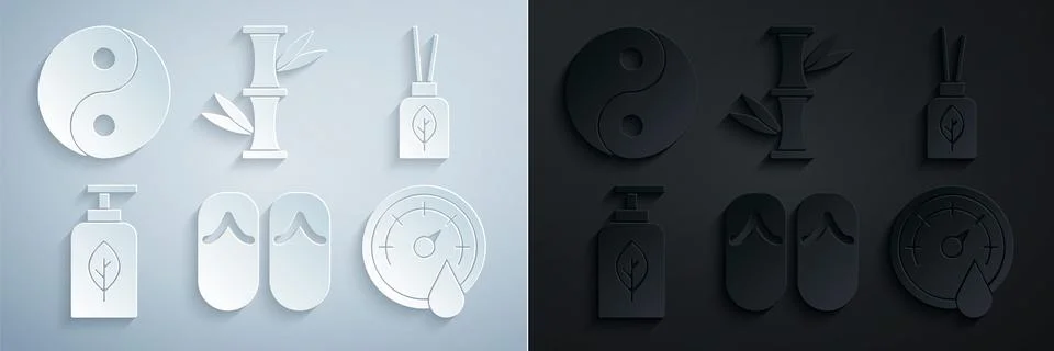 Set Flip flops, Aroma diffuser, Essential oil bottle, Sauna thermometer, Bamboo Stock Illustration