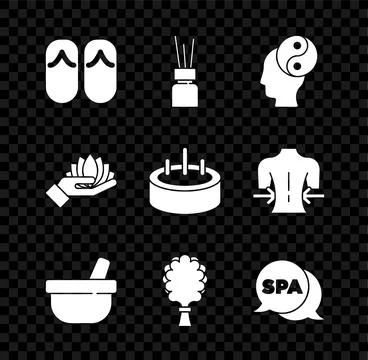 Set Flip flops, Aroma diffuser, Yin Yang, Mortar and pestle, Sauna broom, Spa Stockillustratie