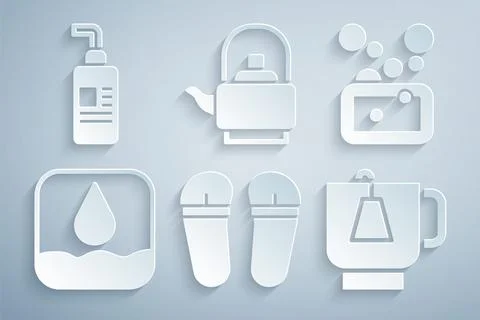 Set Flip flops, Bar of soap, Water drop, Cup tea with tea bag, Kettle handle and Stock Illustration