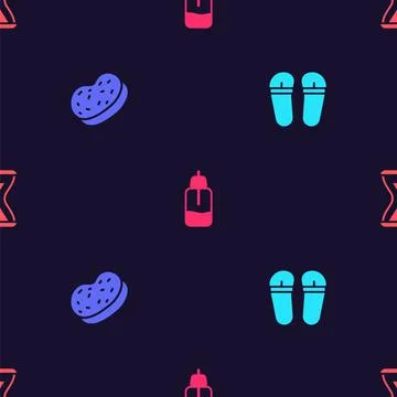 Set Flip flops, Bath sponge, Essential oil bottle and Sauna hourglass on Stock Illustration
