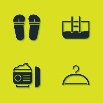 Set Flip flops, Hanger wardrobe, Cream or lotion cosmetic tube and Swimming pool Stock Illustration