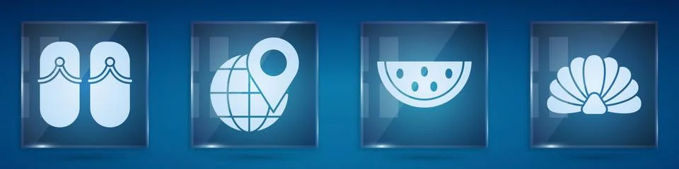Set Flip flops, Location on the globe, Watermelon and Scallop sea shell. Square Stock Illustration