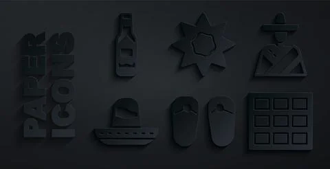 Set Flip flops, Mexican man sombrero, Chocolate bar, Sun and Tabasco sauce icon イラスト素材
