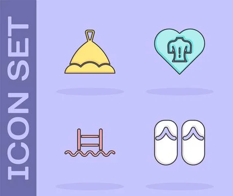Set Flip flops, Sauna hat, Swimming pool with ladder and Massage icon. Vector Stock Illustration