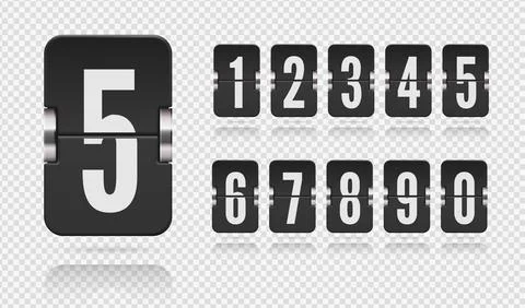Set of flip scoreboard numbers floating with reflections. Vector template for Stock Illustration