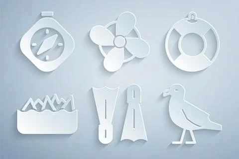Set Flippers for swimming, Lifebuoy, Sharp stone reefs, Bird seagull, Boat .. Stock Illustration