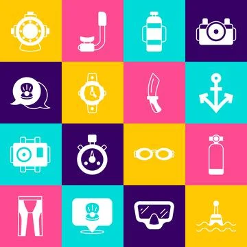 Set Floating buoy, Aqualung, Anchor, Diving watch, Scallop sea shell,  and .. Stock Illustration