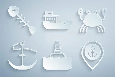 Set Floating buoy, Crab, Anchor, Location with anchor, Cargo ship and Dead fish 스톡 일러스트