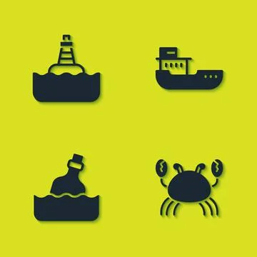Set Floating buoy, Crab, Bottle with message water and Cargo ship icon. Vector 스톡 일러스트