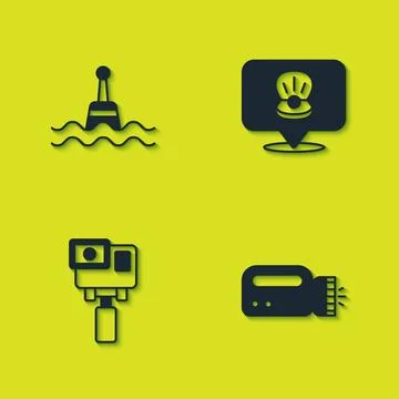 Set Floating buoy, Flashlight for diver, Action extreme camera and Scallop .. Stock Illustration