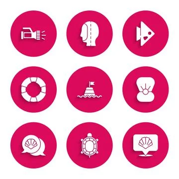 Set Floating buoy on the sea, Turtle, Scallop shell, Shell with pearl, Lifebuoy Illustrazione stock