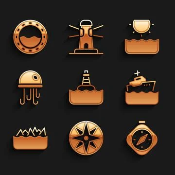 Set Floating buoy, Wind rose, Compass, Cruise ship, Sharp stone reefs, Jell.. Stock Illustration