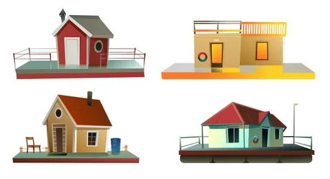 Set of Floating house. Dwelling with small courtyard on water. Isolated on .. Stock Illustration