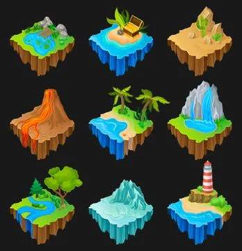 Set of floating platforms with different landscapes. Volcano with lava, desert Stock Illustration
