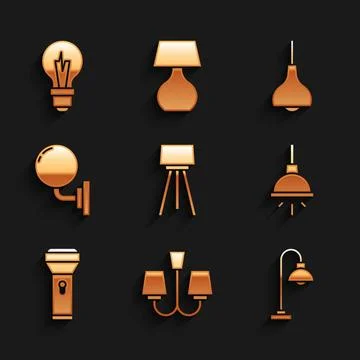 Set Floor lamp, Chandelier, Flashlight, Wall sconce, Lamp hanging and Light bulb Stock Illustration