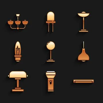 Set Floor lamp, Flashlight, Fluorescent, Lamp hanging, Table, Light bulb,  .. Stock Illustration