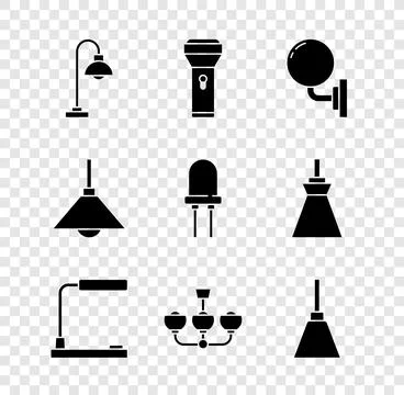 Set Floor lamp, Flashlight, Wall sconce, Table, Chandelier, Lamp hanging an.. Stock Illustration