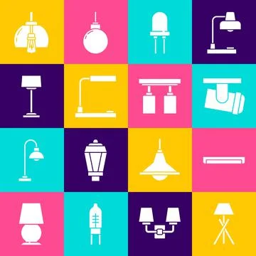 Set Floor lamp, Fluorescent, Led track lights and lamps, Light emitting diode Stock Illustration