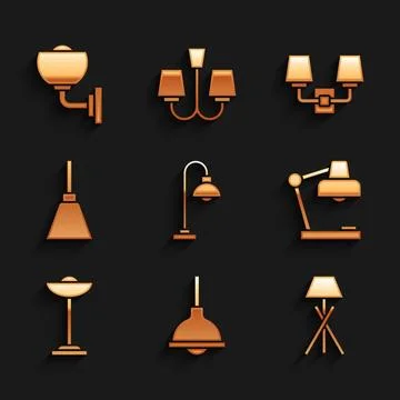 Set Floor lamp, Lamp hanging, Table, Chandelier, Wall sconce and  icon. Vecto Stock Illustration